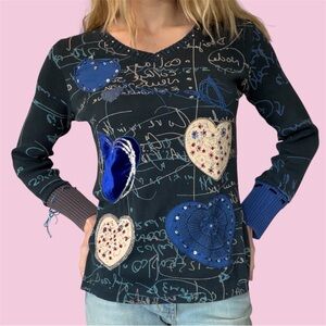 Desigual euro brand multi-media v neck sweater with beads and embellishments
